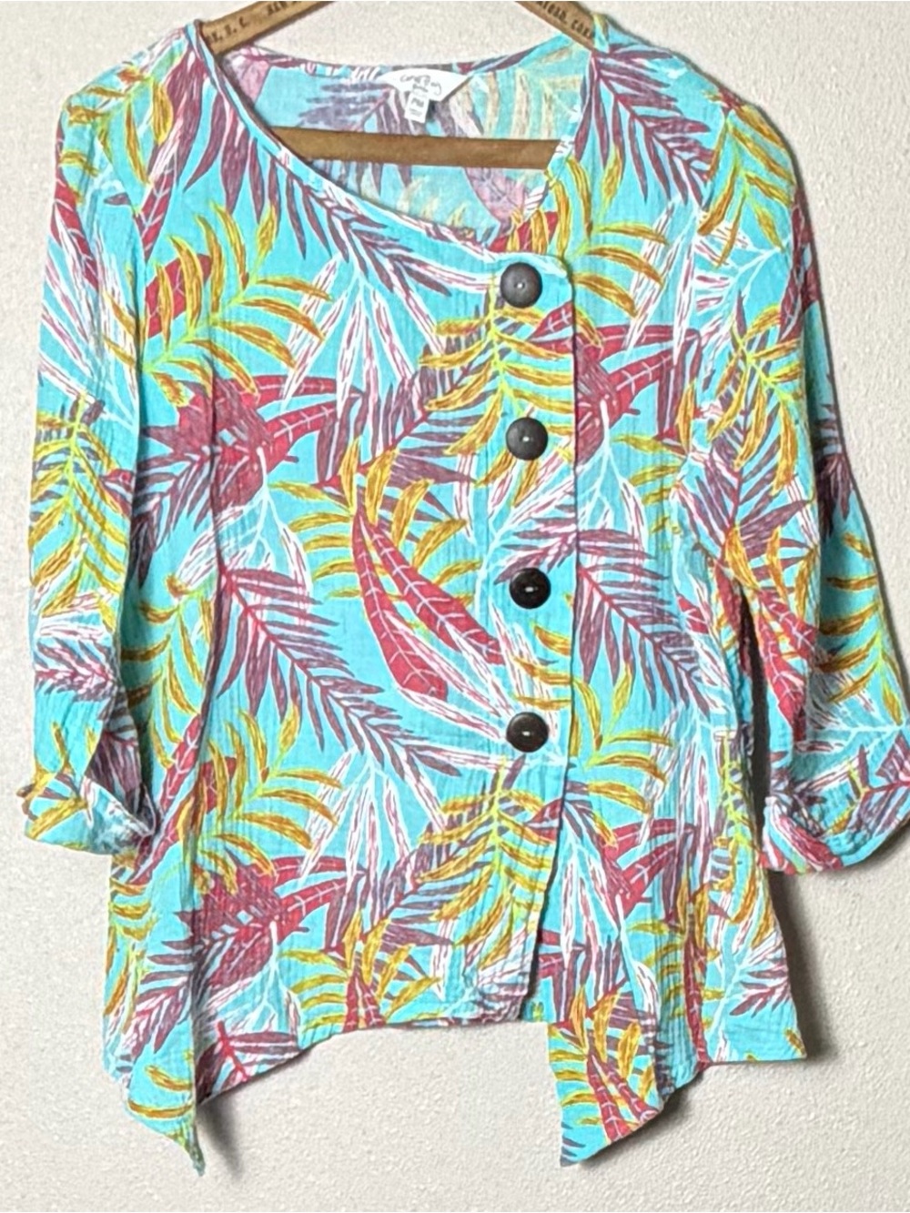 Coral Bay Turquoise Tropical Button-Front Blouse